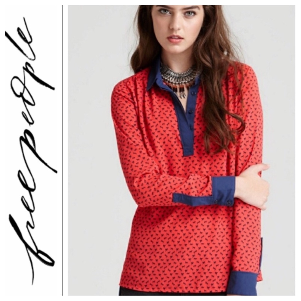 πSALEπ Free People Red Blue Horses Blouse - Picture 1 of 8